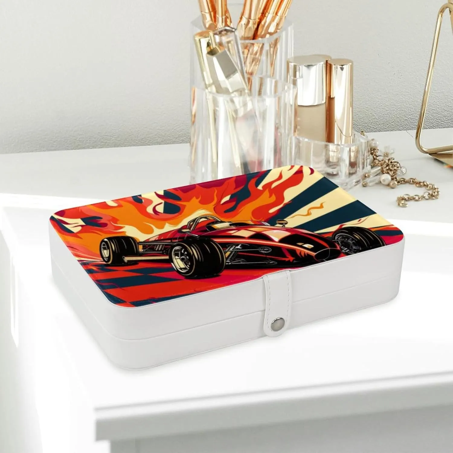 Travel Jewelry Case for Women Girls, Jewelry Organizer Portable Jewelry Storage Display Holder for Necklace Stud Earrings Ring - Art Race Car with Finish Line Flags Pilot and Flames