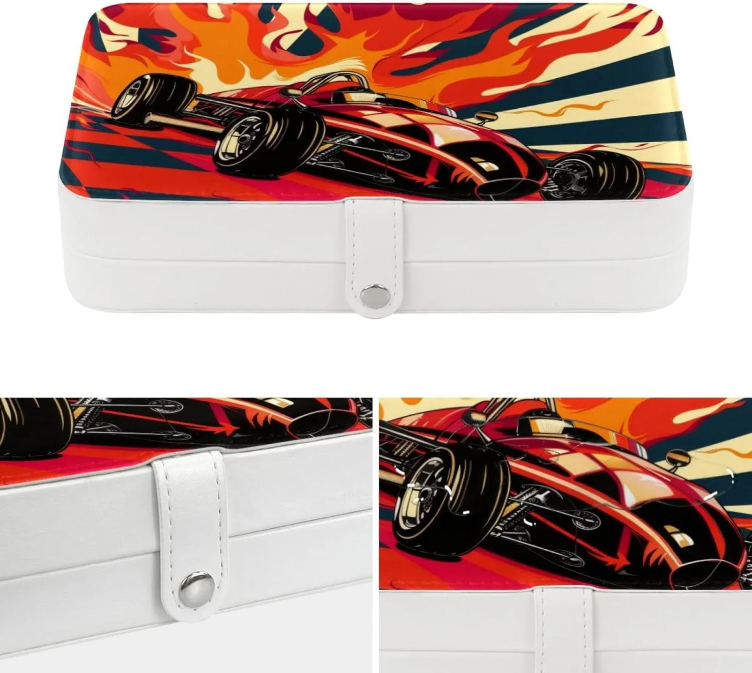 Travel Jewelry Case for Women Girls, Jewelry Organizer Portable Jewelry Storage Display Holder for Necklace Stud Earrings Ring - Art Race Car with Finish Line Flags Pilot and Flames