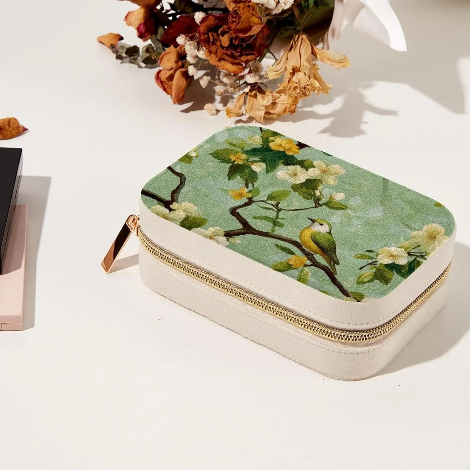 Travel Jewelry Case for Women Girls, Jewelry Organizer Portable Jewelry Storage Display Holder for Necklace Stud Earrings Ring - Spring Bird with Flowers Pattern