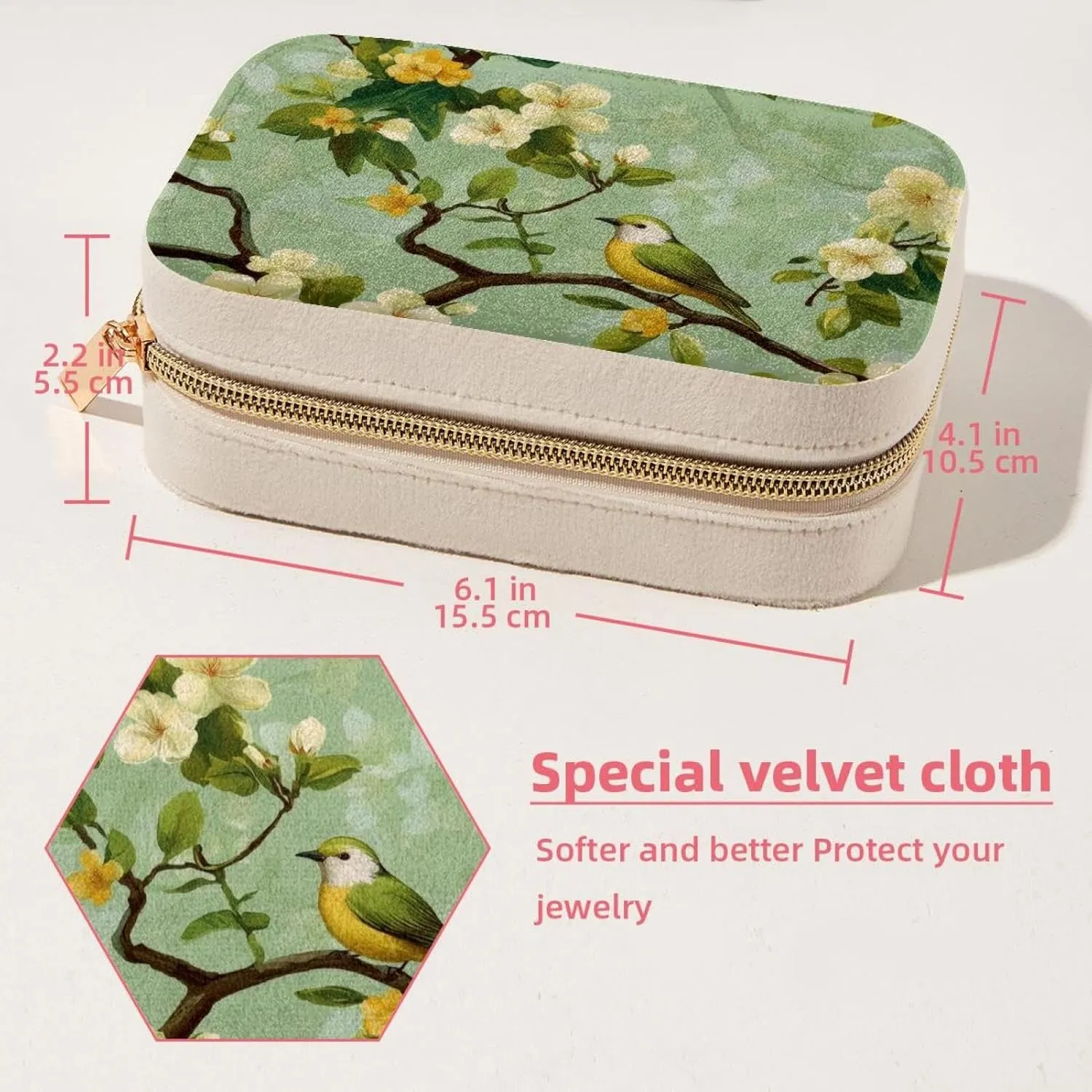 Travel Jewelry Case for Women Girls, Jewelry Organizer Portable Jewelry Storage Display Holder for Necklace Stud Earrings Ring - Spring Bird with Flowers Pattern