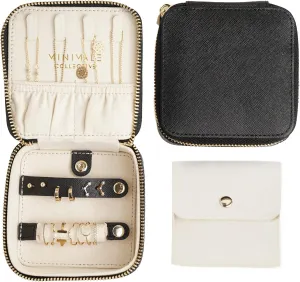 Travel Jewelry Case, Small Jewelry Box, Genuine Leather Travel Jewelry Organizer for Necklaces, Earrings & Rings with Detachable Pouch for Watches & Bracelets (Black)