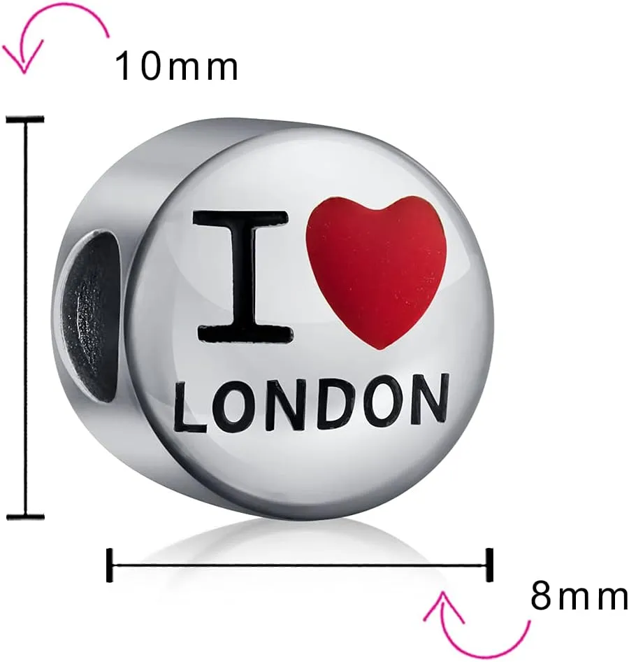 Travel Tourism England France Words Heart I Love Paris London Piccadilly Double Decker Bus Vacation British Flag Tea Cup Charm Bead For Women Teen Enamel .925 Sterling Silver Fit European Bracelet