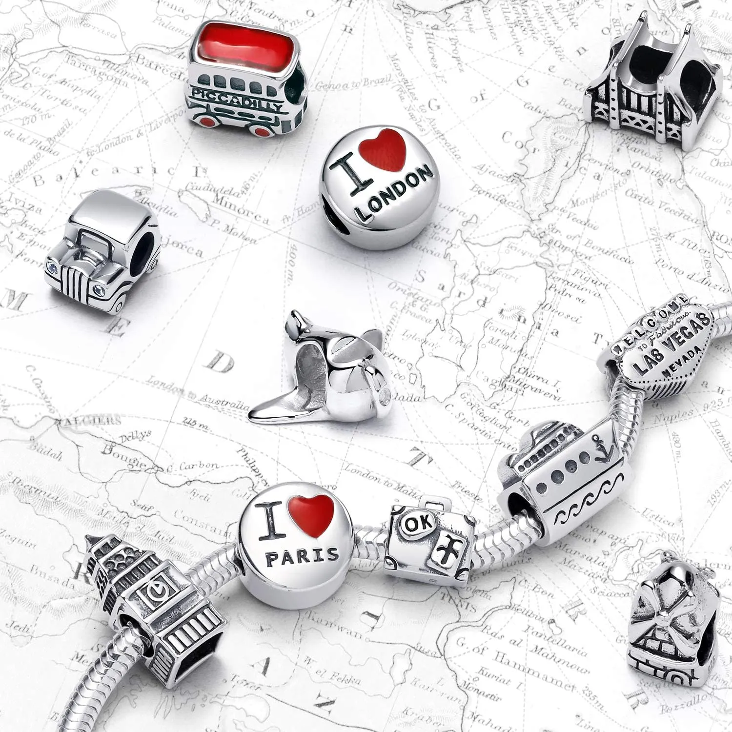 Travel Tourism England France Words Heart I Love Paris London Piccadilly Double Decker Bus Vacation British Flag Tea Cup Charm Bead For Women Teen Enamel .925 Sterling Silver Fit European Bracelet