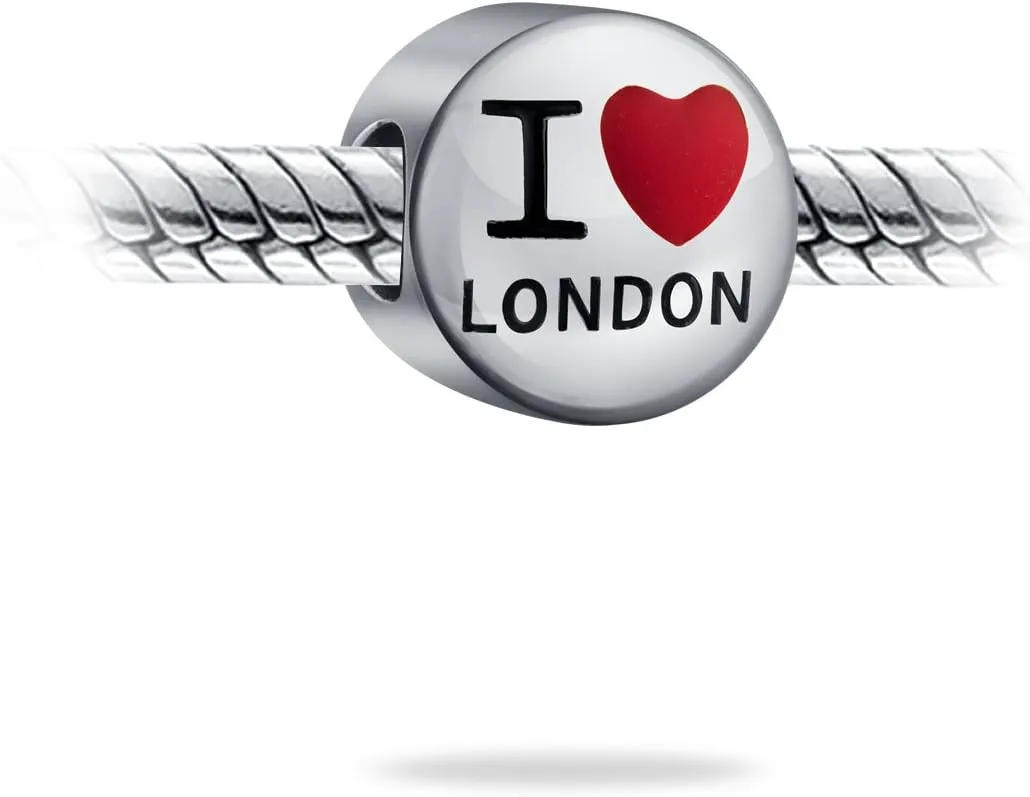 Travel Tourism England France Words Heart I Love Paris London Piccadilly Double Decker Bus Vacation British Flag Tea Cup Charm Bead For Women Teen Enamel .925 Sterling Silver Fit European Bracelet