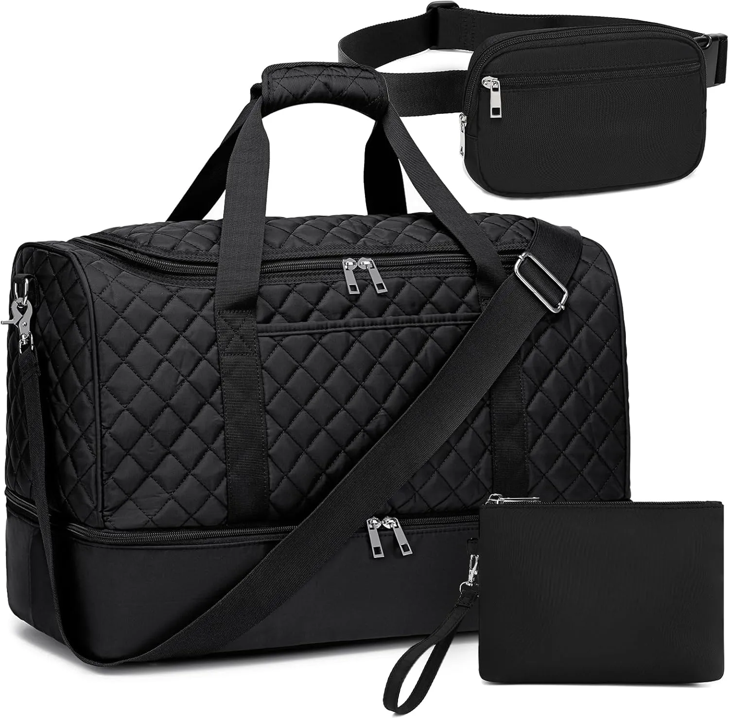 Travel Weekender Bag Duffle Carry On Bags Set 42L Duffel Overnight Tote with Shoe Compartment 3Pcs for Women Men Gym Airplane Trip with Fanny Pack & Makeup Bag(Black- Quilted)