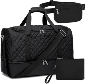 Travel Weekender Bag Duffle Carry On Bags Set 42L Duffel Overnight Tote with Shoe Compartment 3Pcs for Women Men Gym Airplane Trip with Fanny Pack & Makeup Bag(Black- Quilted)