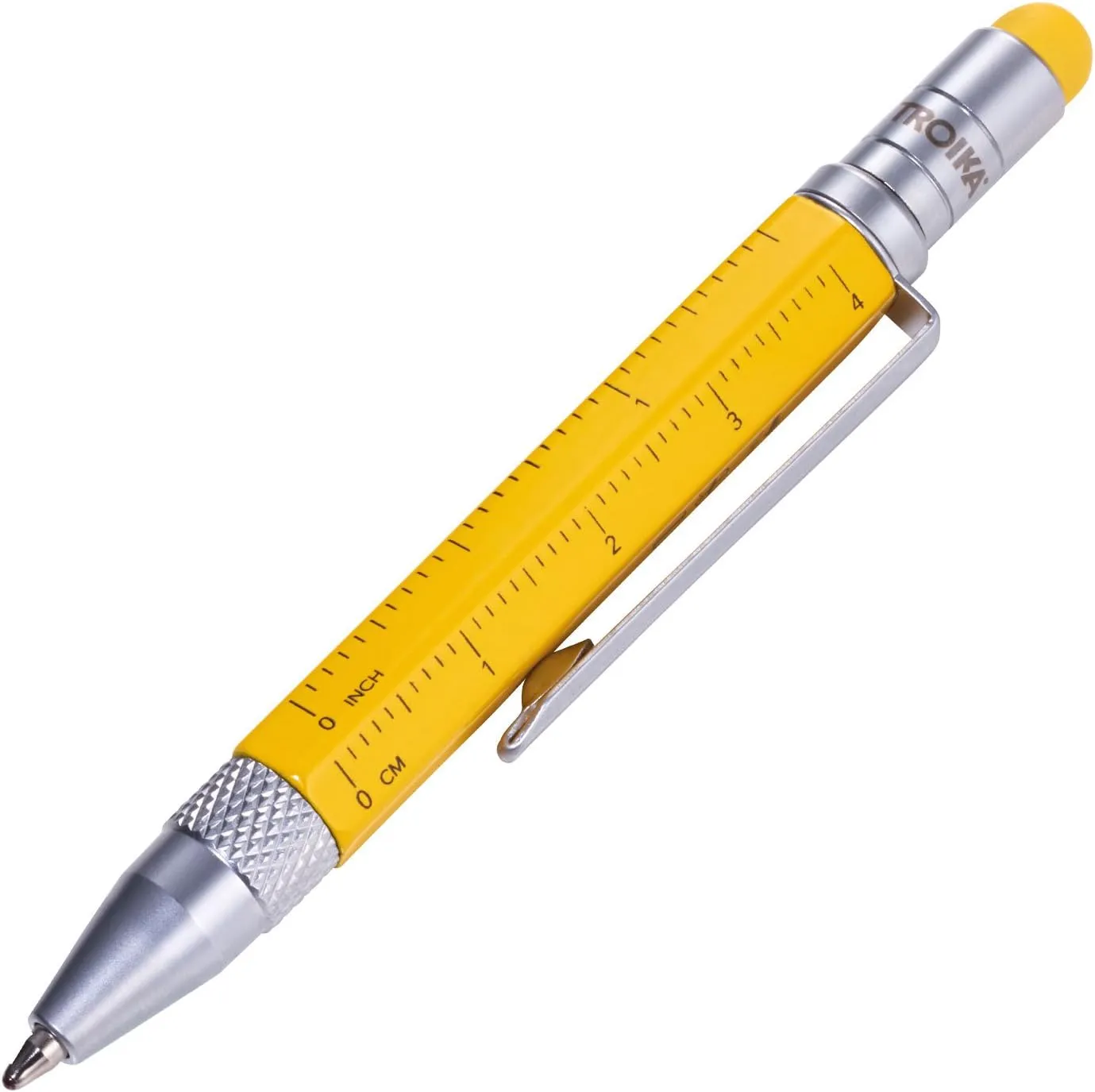 Troika Multitasking Ballpoint Pen (Small), Centimeter/Inch Ruler, Slotted/Phillips Screwdriver, Stylus (Yellow), Black Refill, Includes 2 Refills, Aluminium/Brass/Steel, Matte, Yellow
