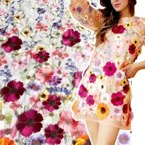 TUIUSTU Lace Fabrics, 2 Yards Beautiful Gorgeous Colorful Floral Embroidered Sewing 3DLace Fabric, Exquisite Elegant Soft Tulle Lace Fabric by The Yard,DIY Casual Wear Dresses Skirt(White mesh)