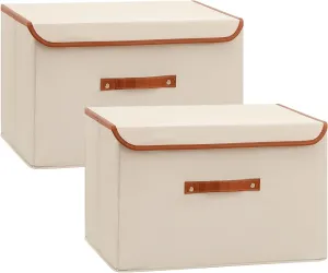 Tuza 2-Pack Large Fabric Storage Bins with Lids, Foldable Storage Boxes with Lids for Organizing, Decorative Storage Boxes with Handles for Home, Bedroom, Closet, Office(Khaki, Medium)