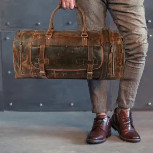 Tuzech Vintage Leather men's Travel Duffle luggage bag with Shoe Pouch ,Professional Bag Gym Sports Soft Shell Overnight Weekend Brown Color (26 Inches )