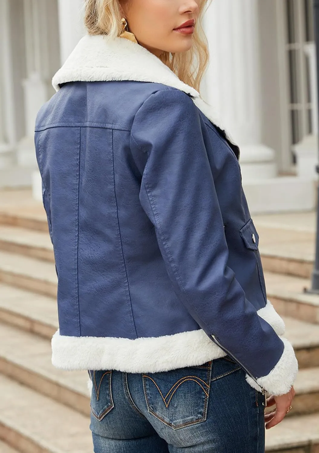 TYQQU Lady Long Sleeve Thick Jacekt PU Sherpa Lined Warm Coat Winter Cropped Lapel Collar Coat