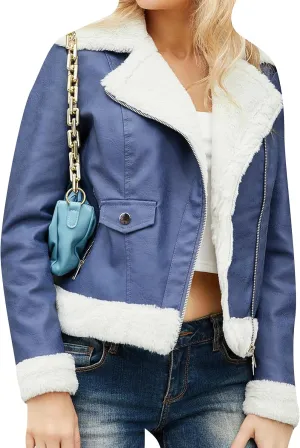 TYQQU Lady Long Sleeve Thick Jacekt PU Sherpa Lined Warm Coat Winter Cropped Lapel Collar Coat