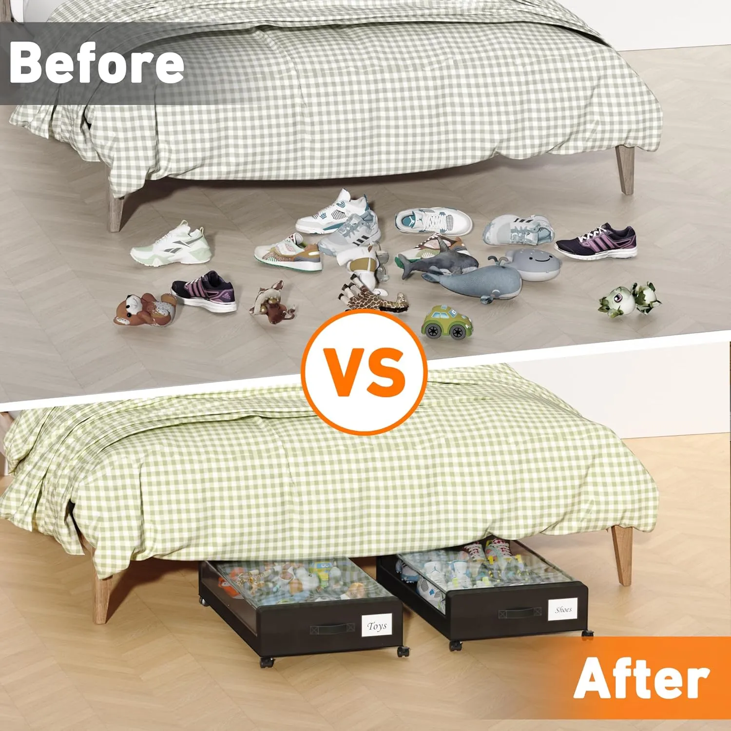 Under Bed Storage with Wheels, 2 Pack Under Bed Storage Containers with Dividers & Clear Lids, XXL 65L Under the bed storage Organizer Bins, Underbed Storage with Wheels for Clothes (Black, 2 Pack)