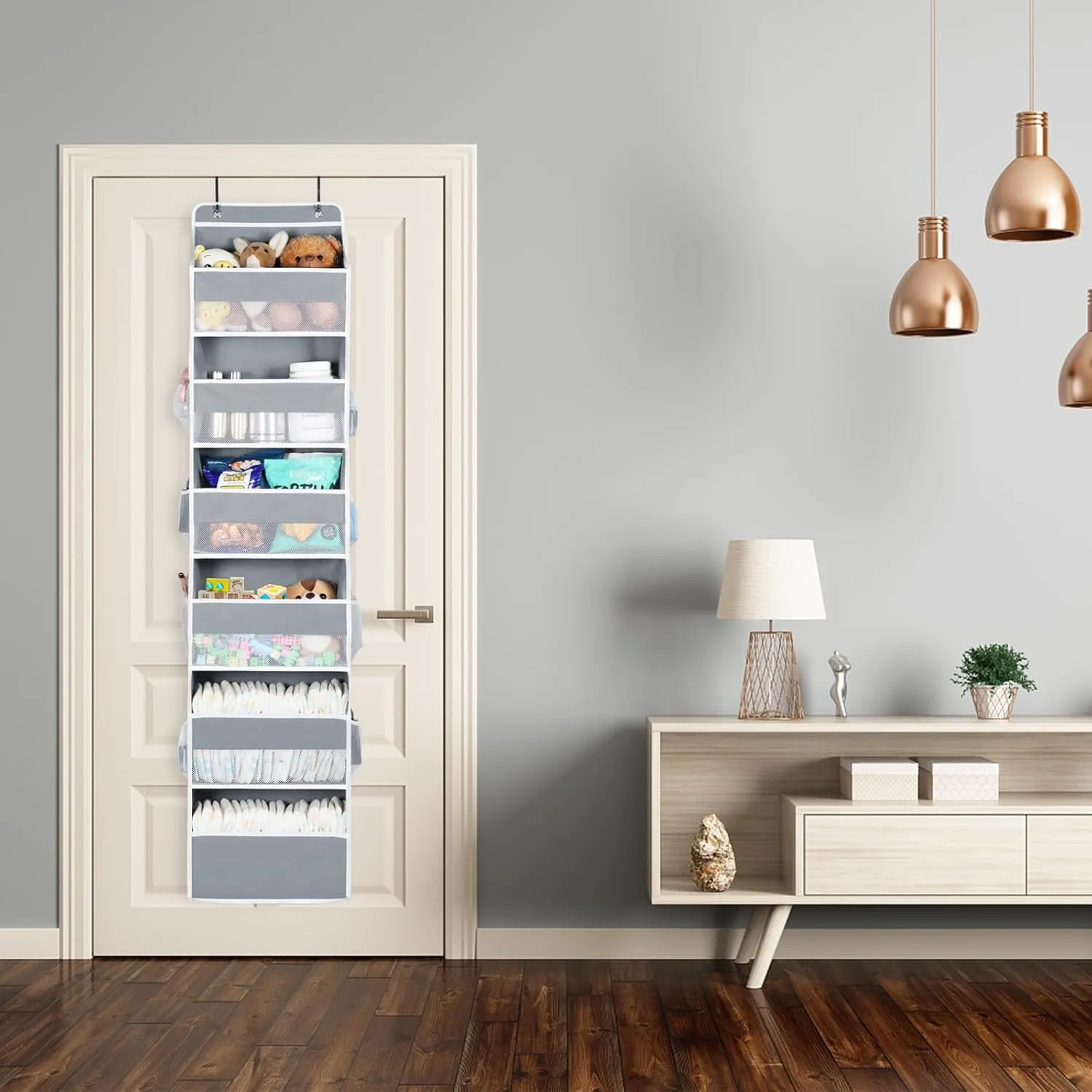 Univivi Door Hanging Organizer Nursery Closet Cabinet Baby Storage with 6 Large Compartments and 8 Side Pockets for Cosmetics, Toys and Sundries