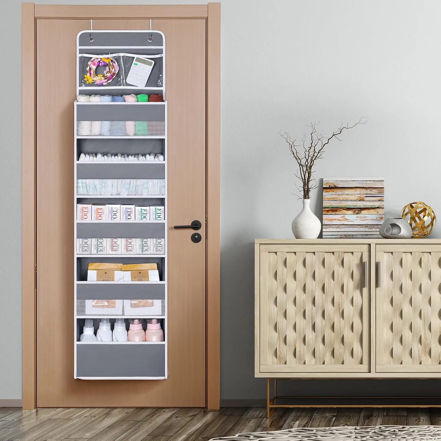 Univivi Over Door Hanging Organizer Storage with 5 Large Pockets and 2 Small PVC Pockets for Cosmetics Wall Hanging Storage Organizer for Pantry Baby Nursery Bathroom Closet Dorm(Grey)