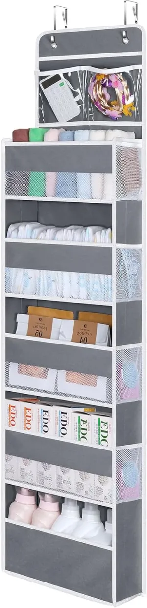 Univivi Over Door Hanging Organizer Storage with 5 Large Pockets and 2 Small PVC Pockets for Cosmetics Wall Hanging Storage Organizer for Pantry Baby Nursery Bathroom Closet Dorm(Grey)