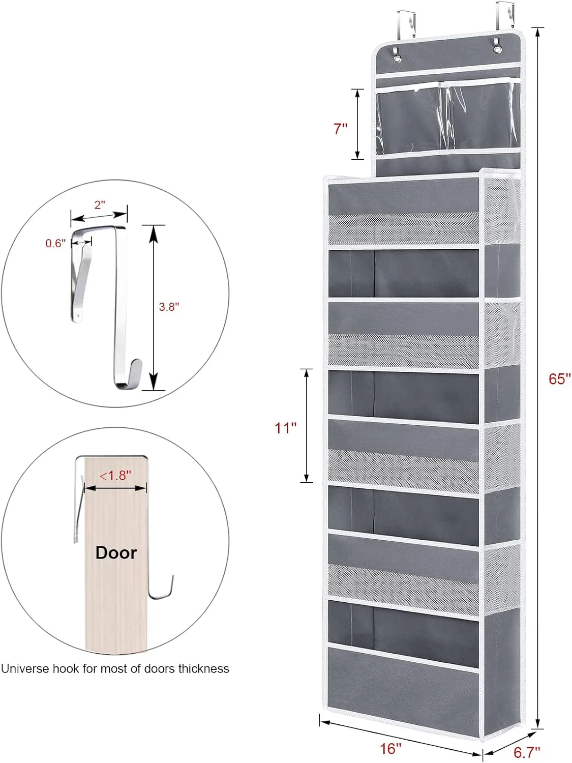 Univivi Over Door Hanging Organizer Storage with 5 Large Pockets and 2 Small PVC Pockets for Cosmetics Wall Hanging Storage Organizer for Pantry Baby Nursery Bathroom Closet Dorm(Grey)