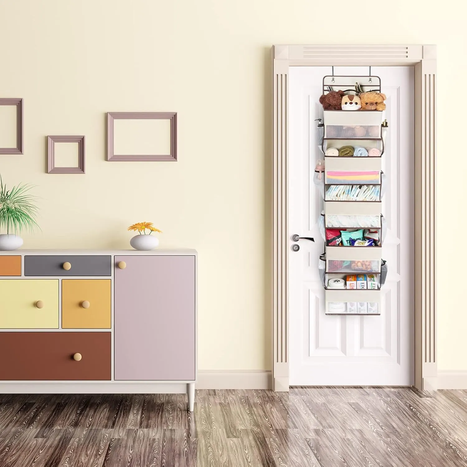 Univivi Over The Door Organizer - Wall Mount Hanging Organizer with 5 Large Compartments, 2 Small PVC Pockets and 8 Mesh Side Pockets for Cosmetics, Toys and Sundries (Beige)