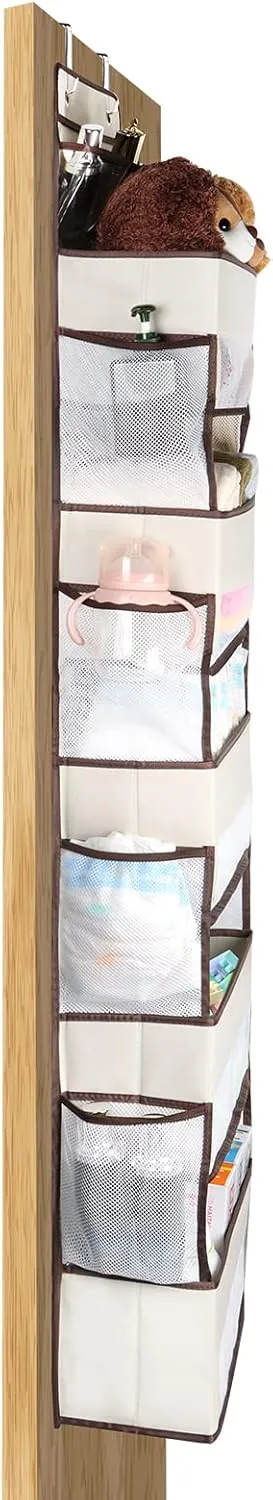Univivi Over The Door Organizer - Wall Mount Hanging Organizer with 5 Large Compartments, 2 Small PVC Pockets and 8 Mesh Side Pockets for Cosmetics, Toys and Sundries (Beige)