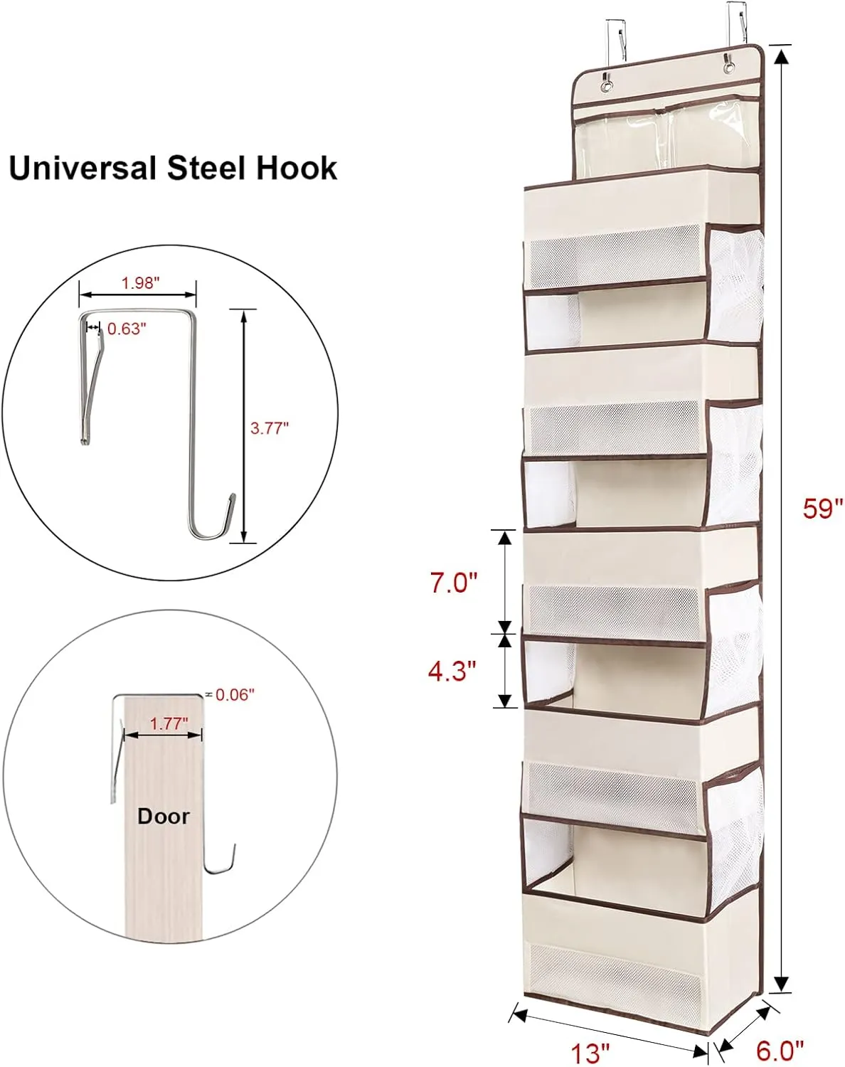 Univivi Over The Door Organizer - Wall Mount Hanging Organizer with 5 Large Compartments, 2 Small PVC Pockets and 8 Mesh Side Pockets for Cosmetics, Toys and Sundries (Beige)