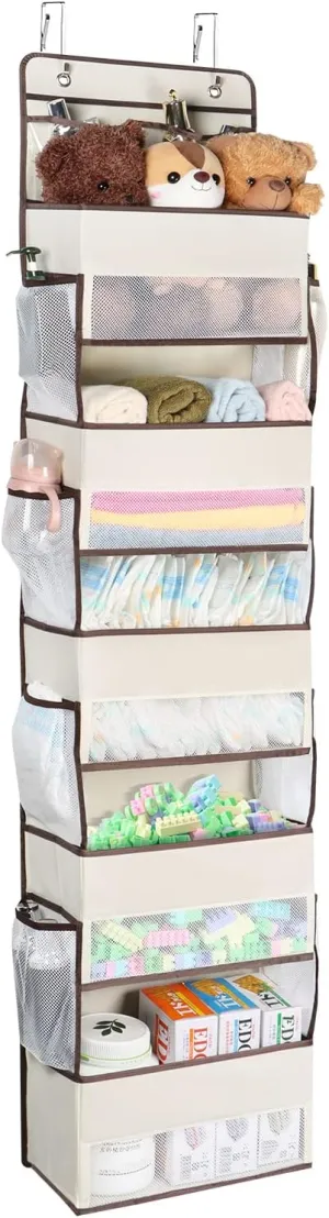 Univivi Over The Door Organizer - Wall Mount Hanging Organizer with 5 Large Compartments, 2 Small PVC Pockets and 8 Mesh Side Pockets for Cosmetics, Toys and Sundries (Beige)
