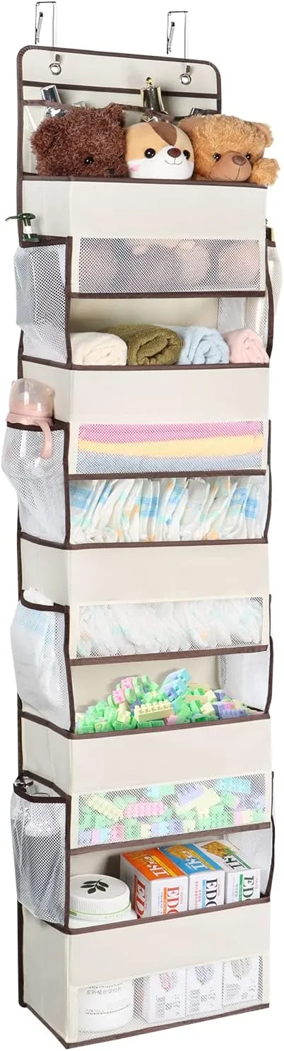 Univivi Over The Door Organizer - Wall Mount Hanging Organizer with 5 Large Compartments, 2 Small PVC Pockets and 8 Mesh Side Pockets for Cosmetics, Toys and Sundries (Beige)