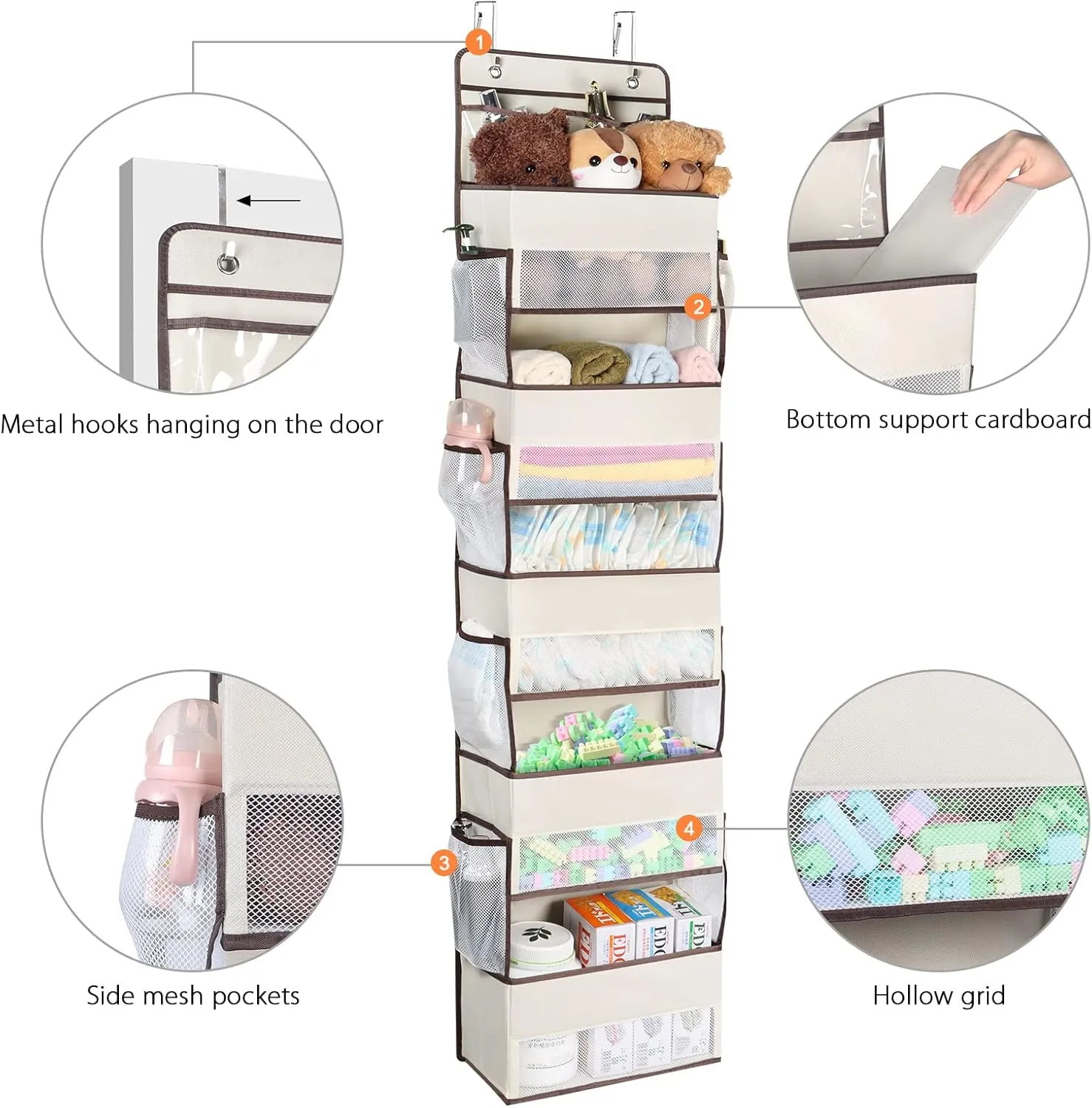 Univivi Over The Door Organizer - Wall Mount Hanging Organizer with 5 Large Compartments, 2 Small PVC Pockets and 8 Mesh Side Pockets for Cosmetics, Toys and Sundries (Beige)