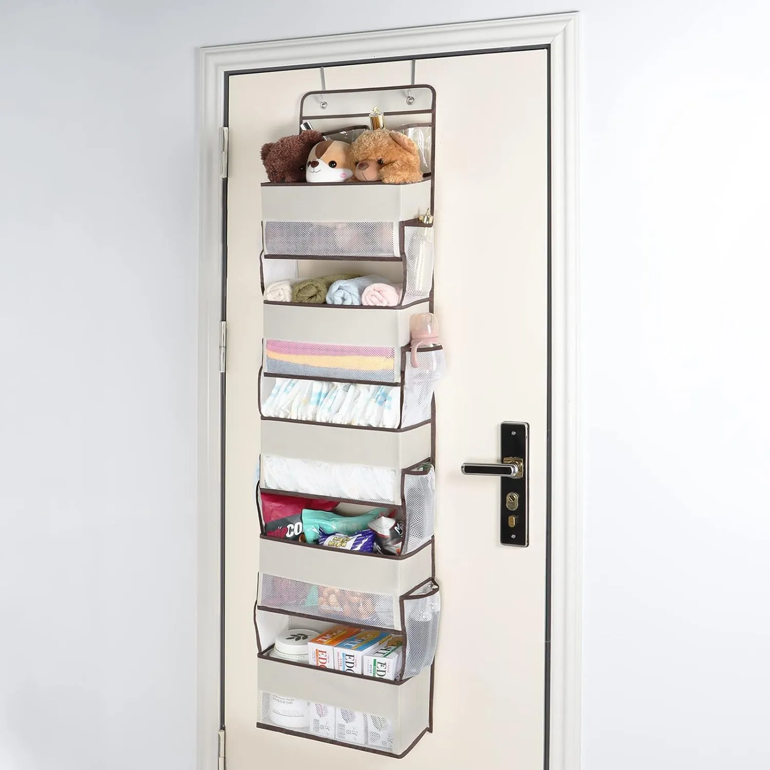 Univivi Over The Door Organizer - Wall Mount Hanging Organizer with 5 Large Compartments, 2 Small PVC Pockets and 8 Mesh Side Pockets for Cosmetics, Toys and Sundries (Beige)