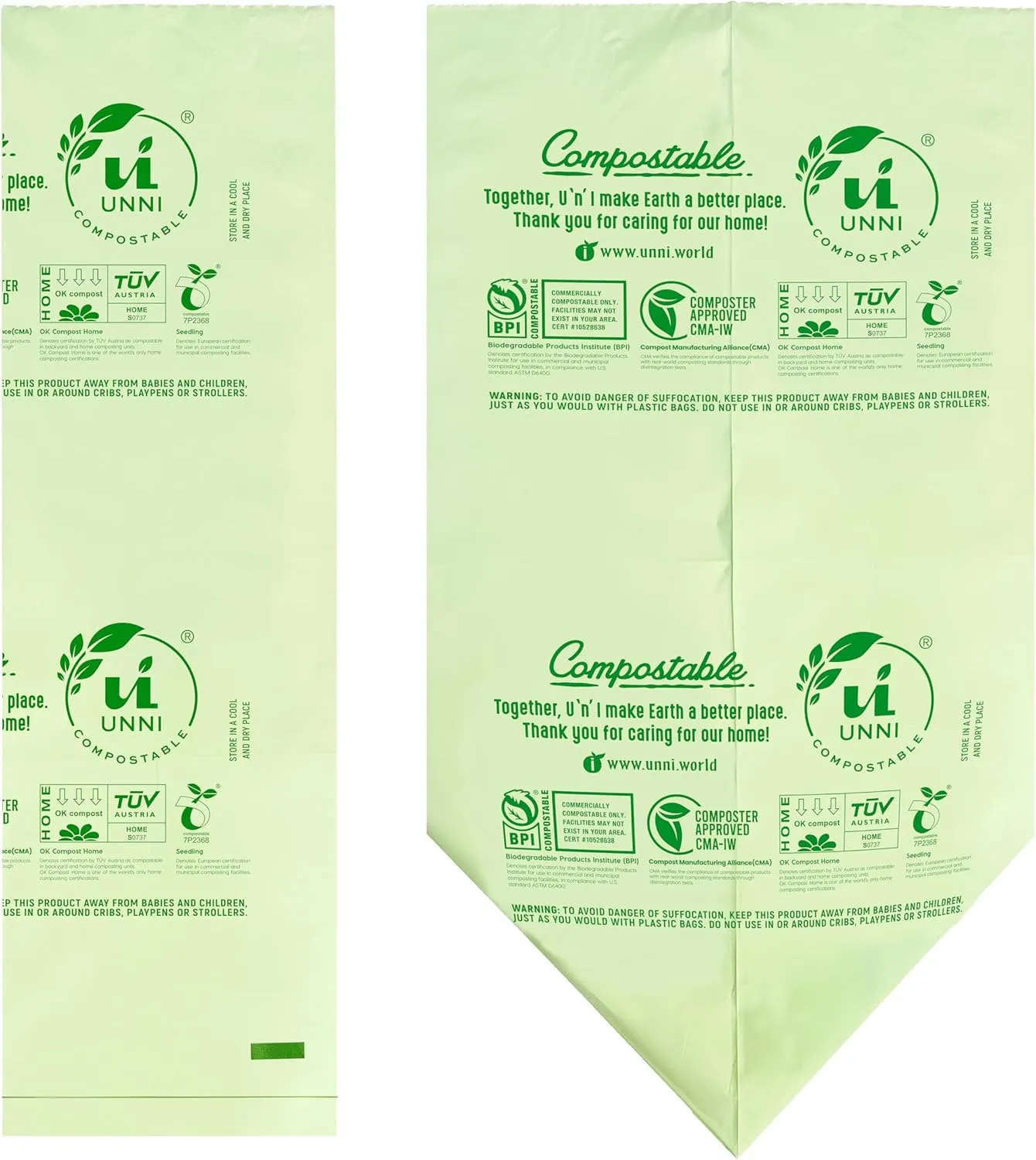 UNNI Compostable Liner Bags, 3 Gallon, 11.35 Liter, 600 Count, Extra Thick 0.71 Mil, Small Kitchen Food Scrap Waste Bags, ASTM D6400, US BPI, CMA and Europe OK compost HOME Certified, San Francisco