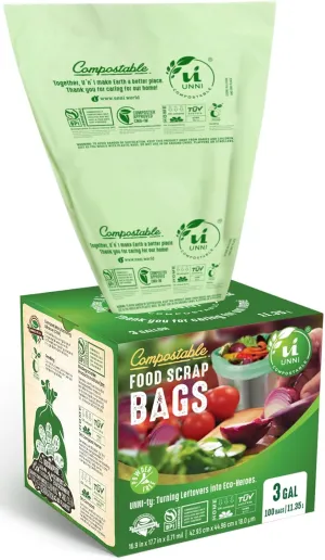 UNNI Compostable Liner Bags, 3 Gallon, 11.35 Liter, 600 Count, Extra Thick 0.71 Mil, Small Kitchen Food Scrap Waste Bags, ASTM D6400, US BPI, CMA and Europe OK compost HOME Certified, San Francisco