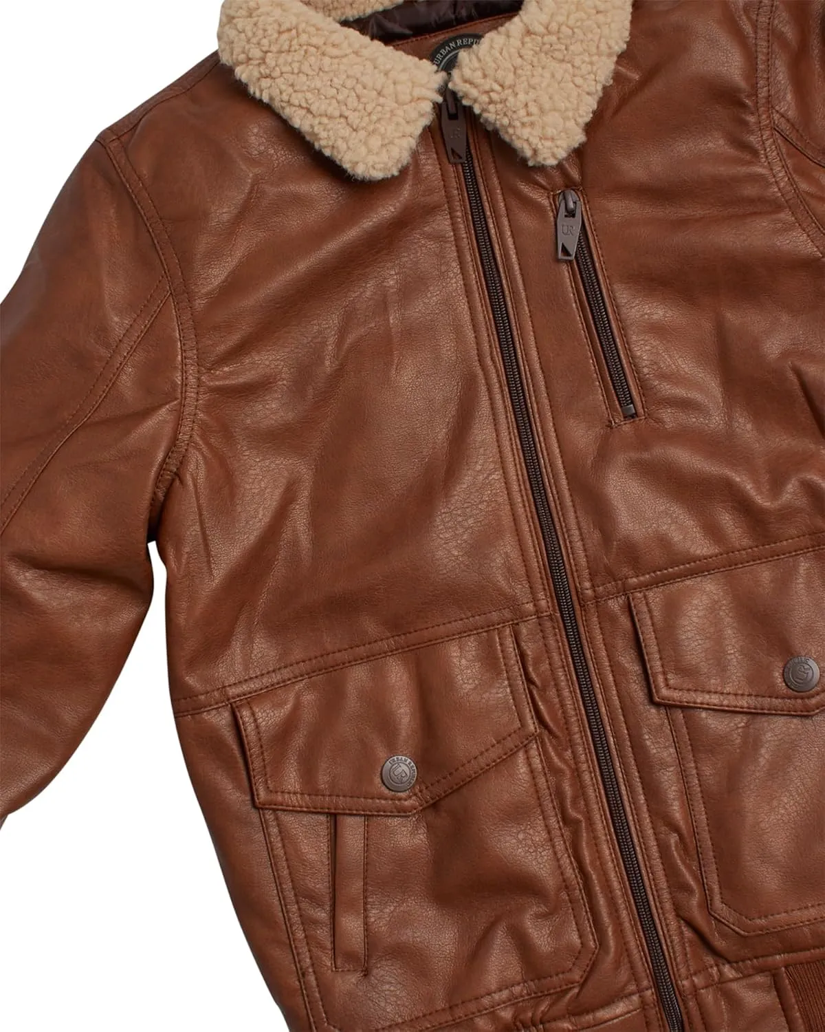 URBAN REPUBLIC Boys' Faux Leather Jacket - Aviator Bomber Outerwear Coat with Sherpa Collar and Chest Pocket (Sizes: 8-20)