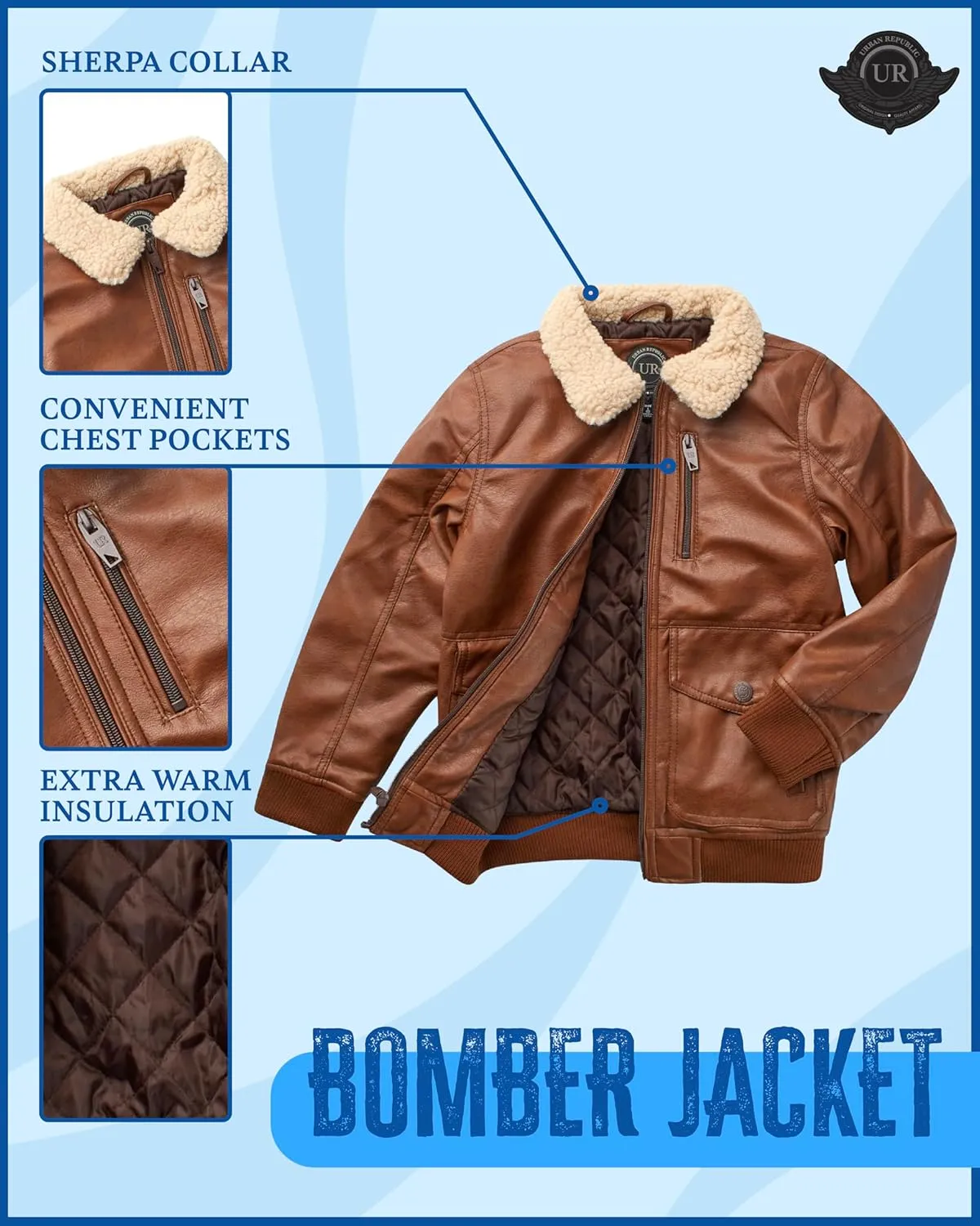 URBAN REPUBLIC Boys' Faux Leather Jacket - Aviator Bomber Outerwear Coat with Sherpa Collar and Chest Pocket (Sizes: 8-20)