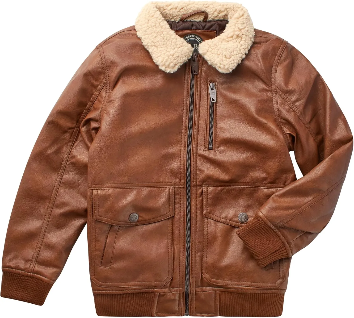 URBAN REPUBLIC Boys' Faux Leather Jacket - Aviator Bomber Outerwear Coat with Sherpa Collar and Chest Pocket (Sizes: 8-20)