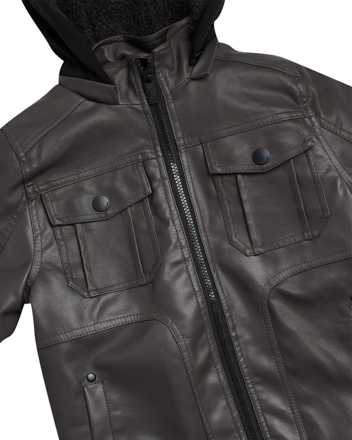 URBAN REPUBLIC Boys’ Jacket – Faux Leather Biker Jacket – Casual Sherpa Lined Moto Jacket with Sweatshirt Hood (4-20)