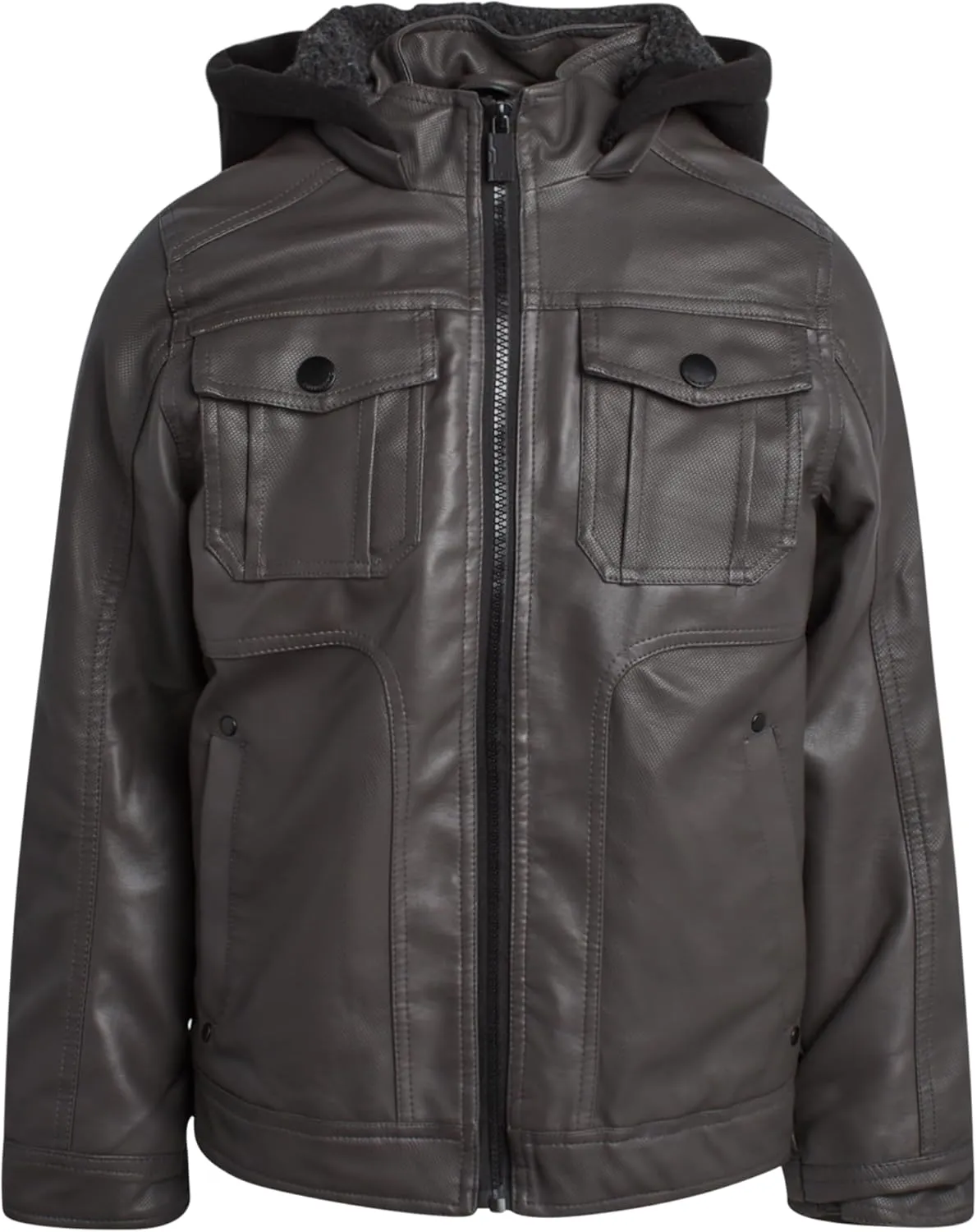 URBAN REPUBLIC Boys’ Jacket – Faux Leather Biker Jacket – Casual Sherpa Lined Moto Jacket with Sweatshirt Hood (4-20)