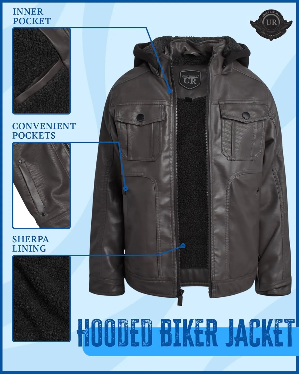 URBAN REPUBLIC Boys’ Jacket – Faux Leather Biker Jacket – Casual Sherpa Lined Moto Jacket with Sweatshirt Hood (4-20)