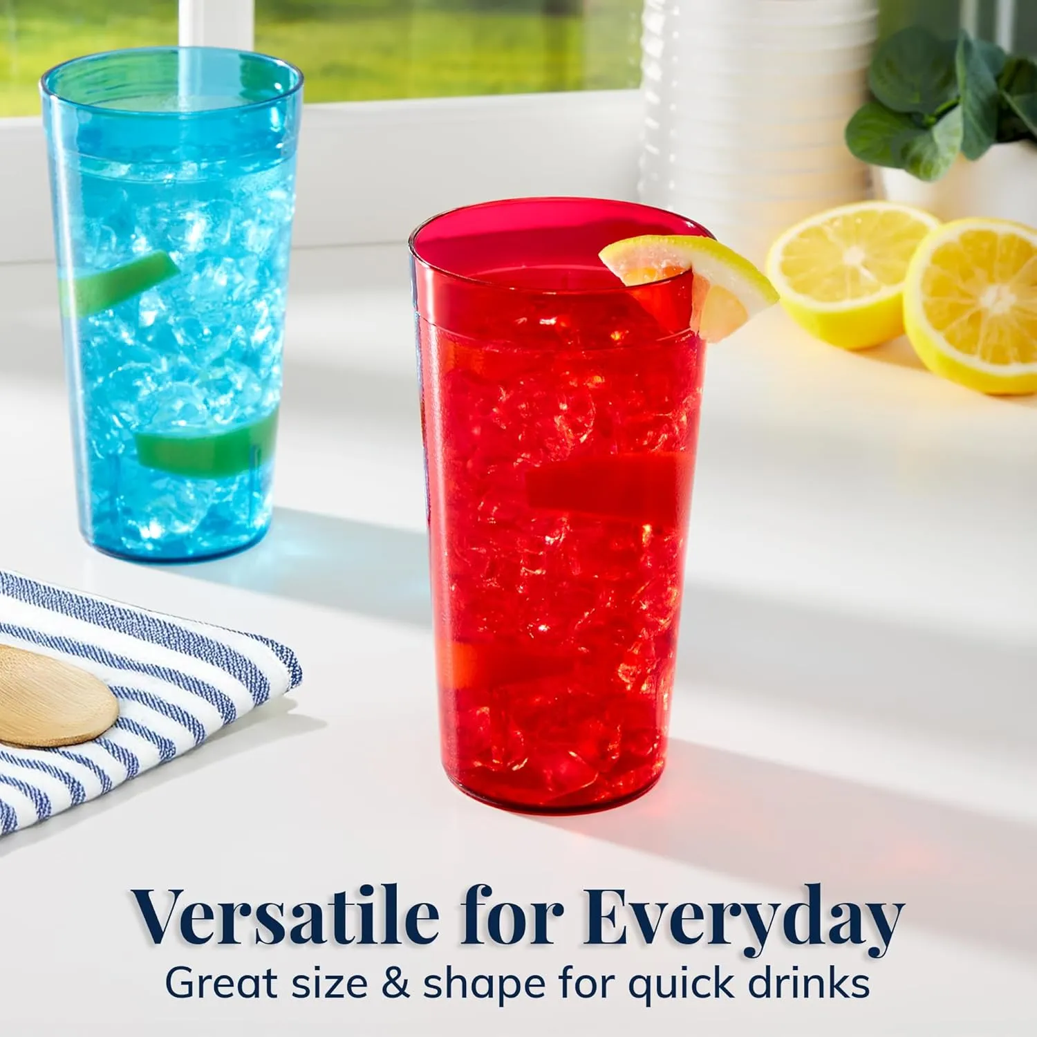 US Acrylic Cafe Plastic Reusable Tumblers (Set of 16) 20-ounce Water Cups Assorted Colors | Restaurant Style Drinking Glasses Value Set, Stackable, BPA-free, Made in the USA | Top-rack Dishwasher Safe