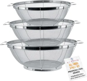 U.S. Kitchen Supply - 3 Piece Colander Set - Stainless Steel Mesh Strainer Net Baskets with Handles & Resting Base - 11" 5 Quart, 9.5" 4 Quart and 8.5" 3 Quart - Strain, Drain, Rinse, Steam or Cook