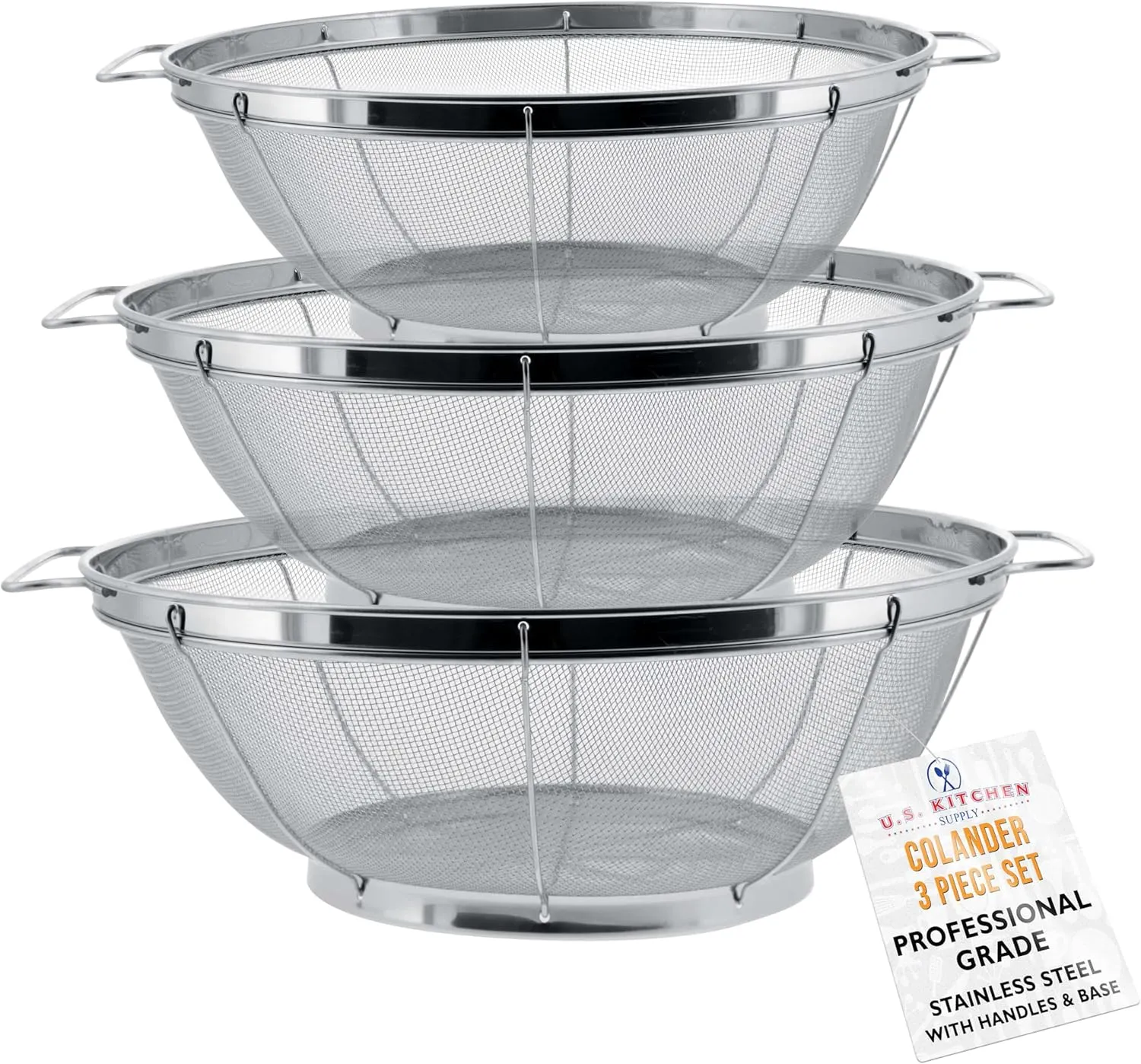 U.S. Kitchen Supply - 3 Piece Colander Set - Stainless Steel Mesh Strainer Net Baskets with Handles & Resting Base - 11" 5 Quart, 9.5" 4 Quart and 8.5" 3 Quart - Strain, Drain, Rinse, Steam or Cook