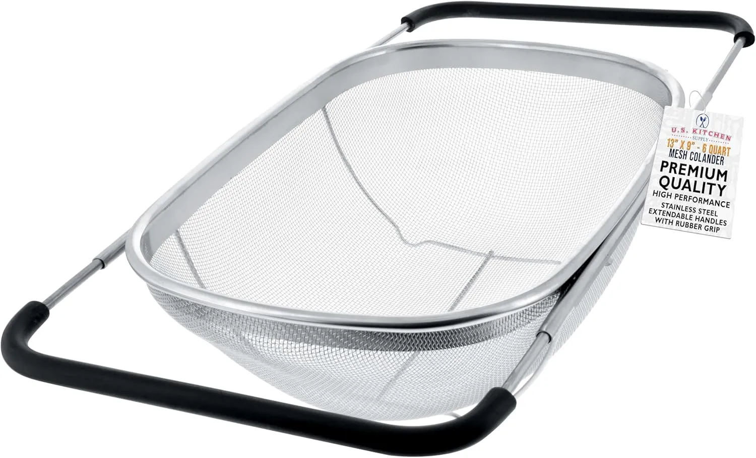 U.S. Kitchen Supply - Premium Quality Over The Sink Stainless Steel Oval Colander with Fine Mesh 6 Quart Strainer Basket & Expandable Rubber Grip Handles - Strain, Drain, Rinse Fruits, Vegetables