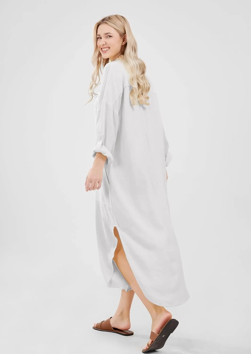 utcoco Womens Casual Loose Cotton Linen Long Shirt Dress Lapel Button Cuffed Sleeve Side Split Dresses with Pockets