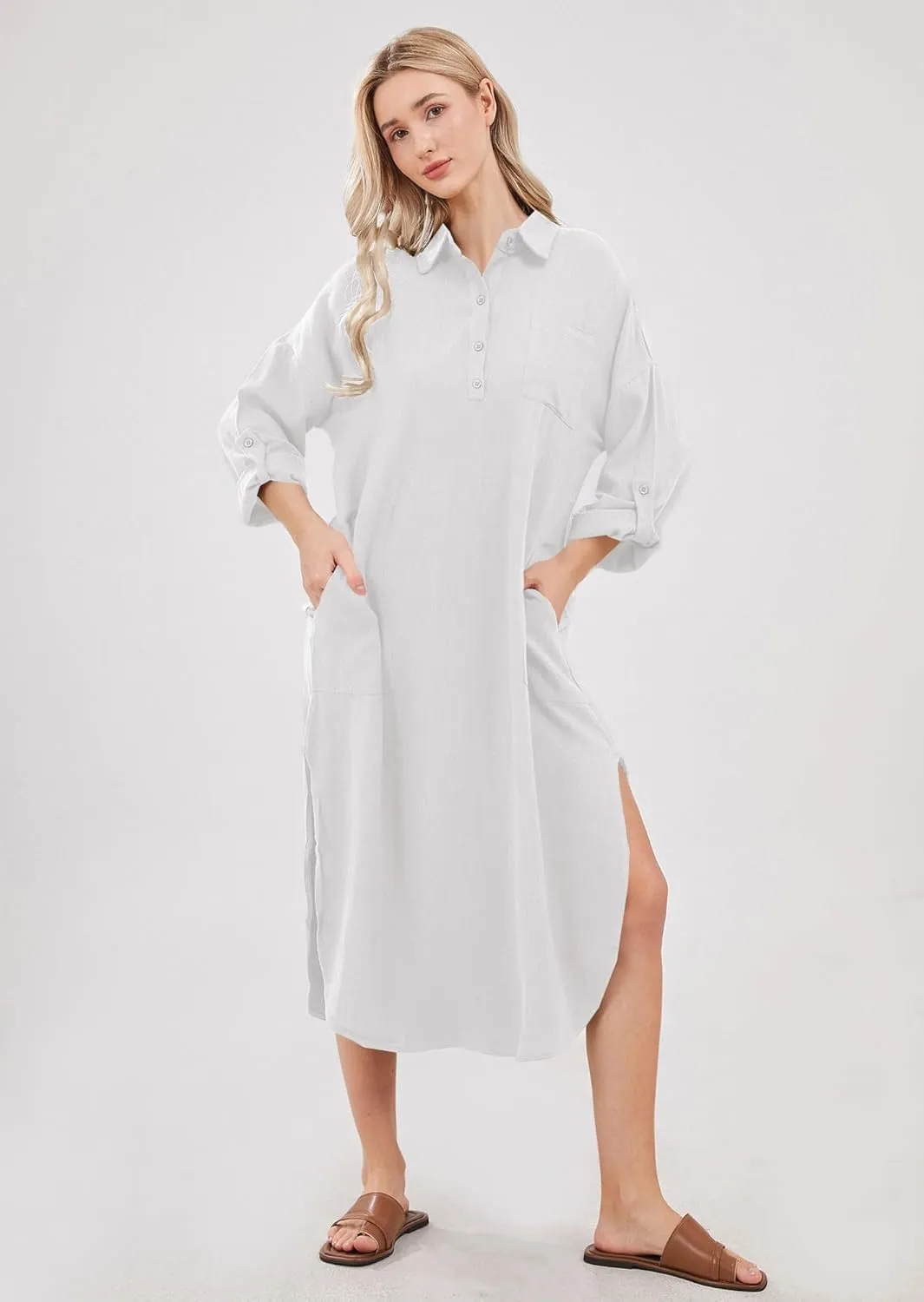 utcoco Womens Casual Loose Cotton Linen Long Shirt Dress Lapel Button Cuffed Sleeve Side Split Dresses with Pockets