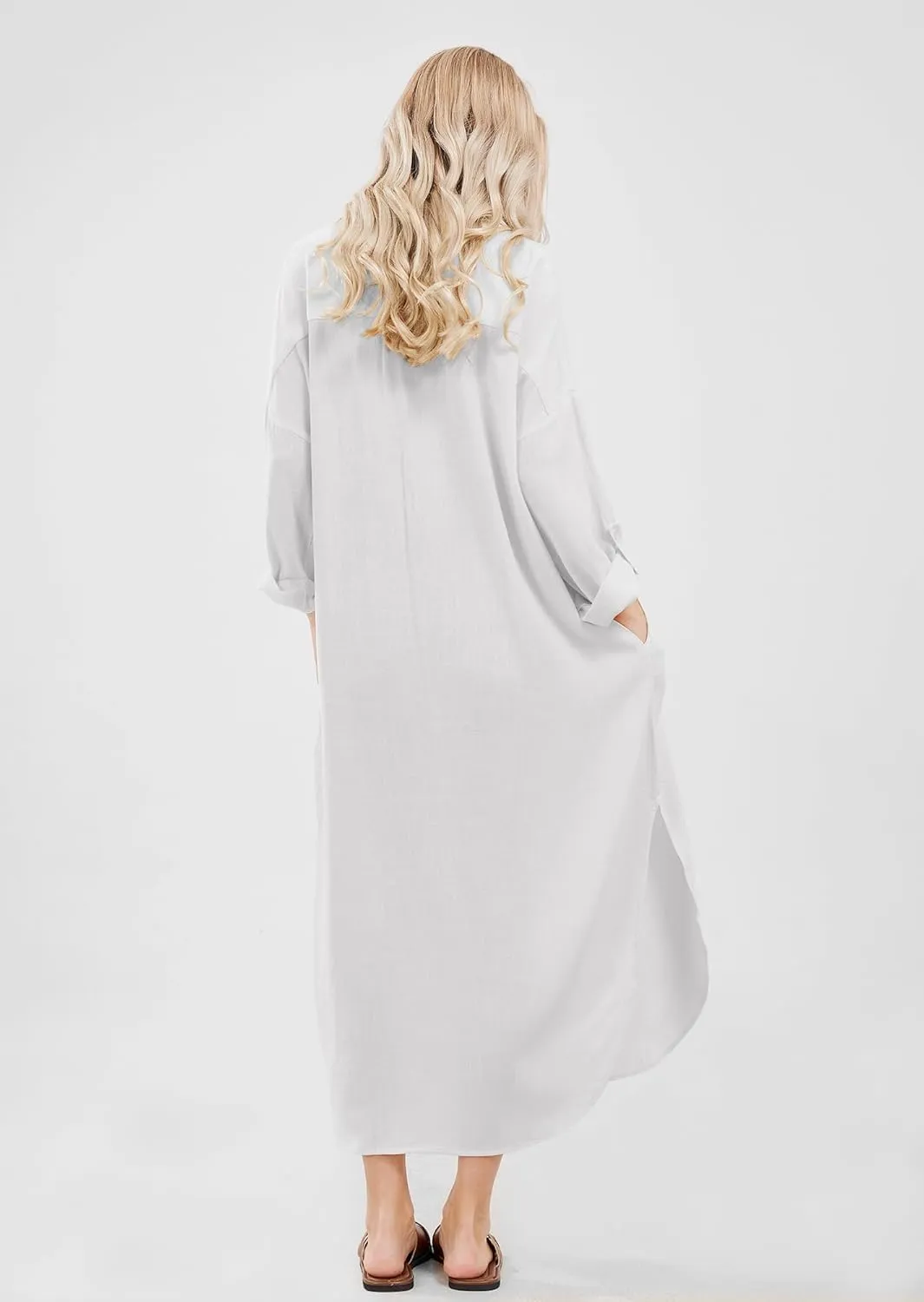 utcoco Womens Casual Loose Cotton Linen Long Shirt Dress Lapel Button Cuffed Sleeve Side Split Dresses with Pockets