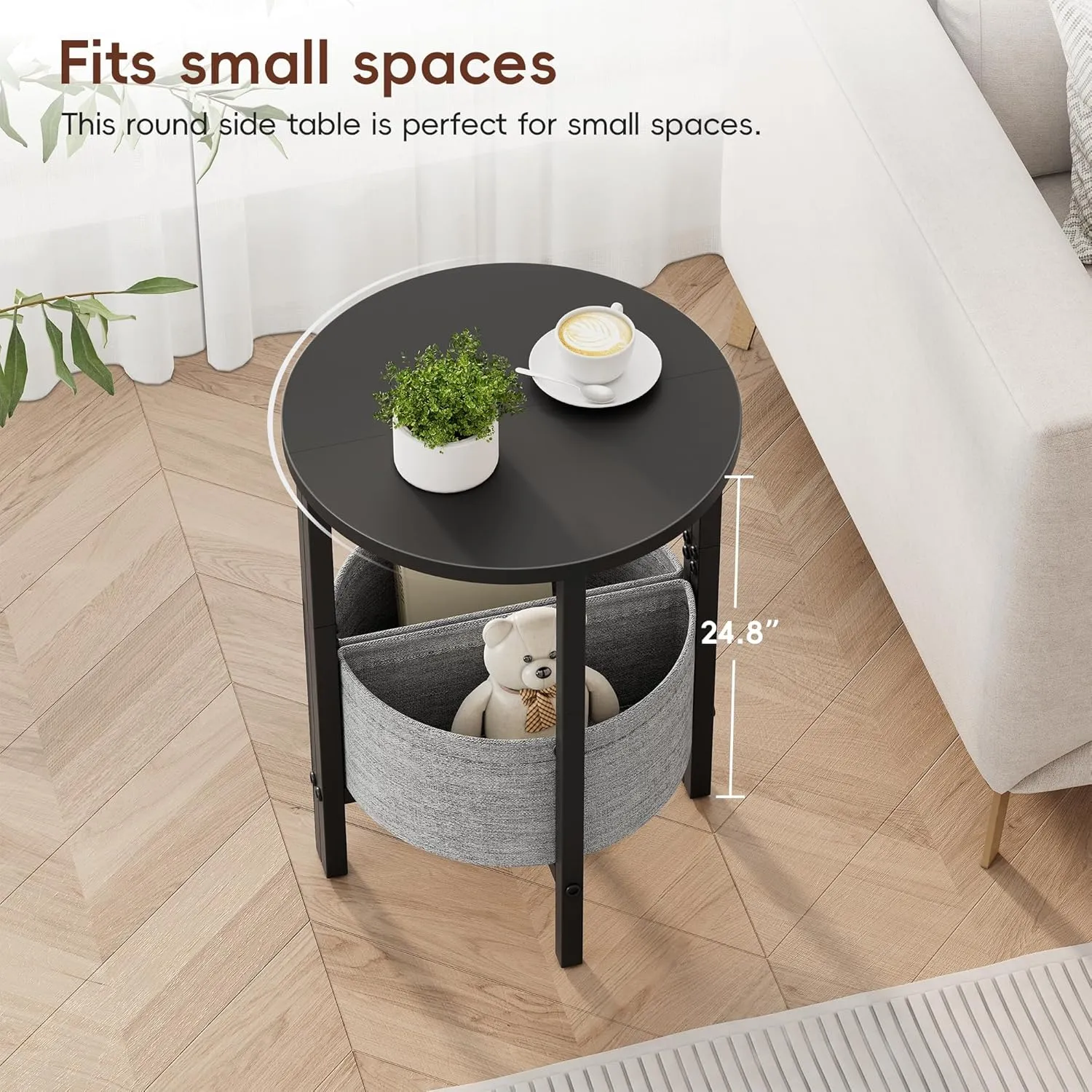 Vagusicc Side Table, Small Round End Table with Fabric Basket, Set of 2 Half Round Side Table Half Moon Tables, Modern Accent Coffee Tables, Sofa Table Nightstand for Living Room Bedroom Small Space