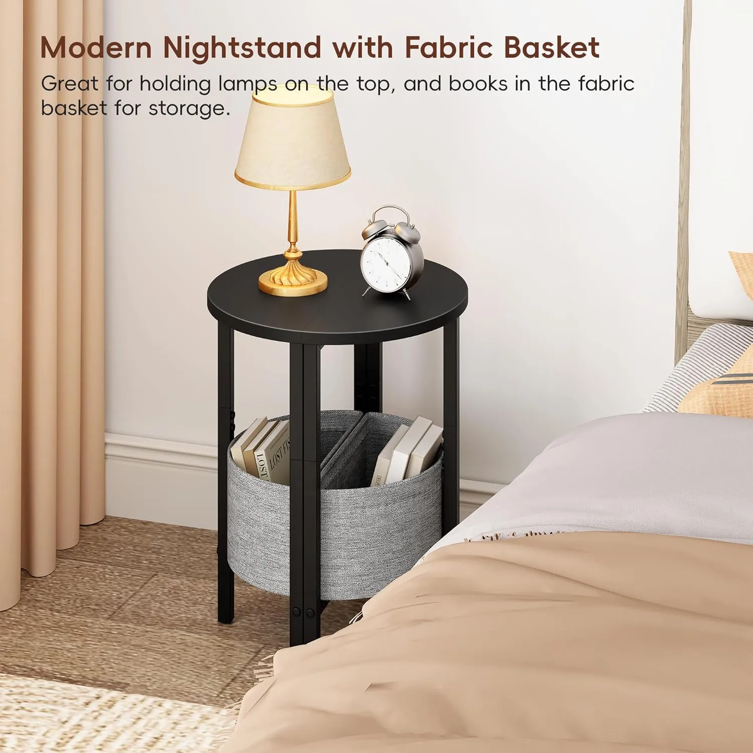 Vagusicc Side Table, Small Round End Table with Fabric Basket, Set of 2 Half Round Side Table Half Moon Tables, Modern Accent Coffee Tables, Sofa Table Nightstand for Living Room Bedroom Small Space