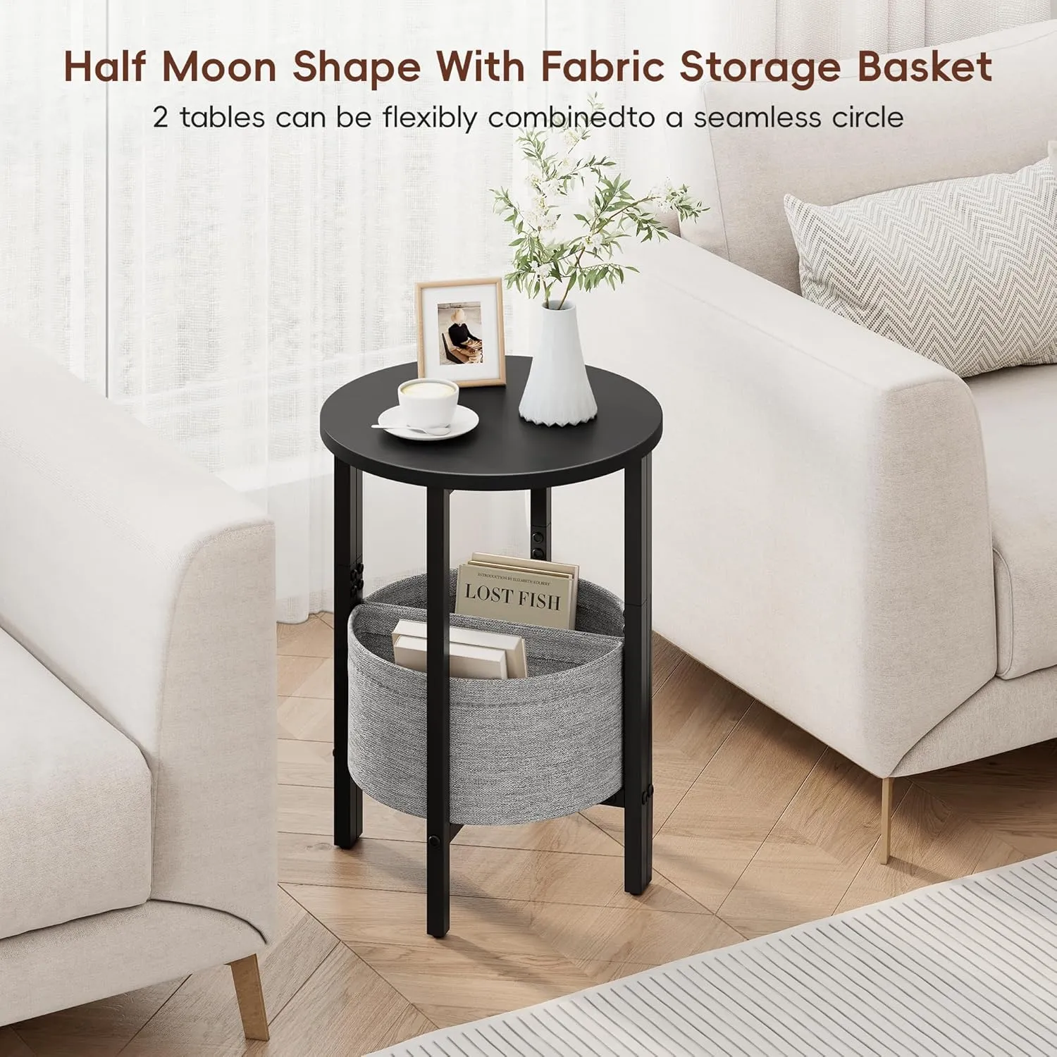 Vagusicc Side Table, Small Round End Table with Fabric Basket, Set of 2 Half Round Side Table Half Moon Tables, Modern Accent Coffee Tables, Sofa Table Nightstand for Living Room Bedroom Small Space