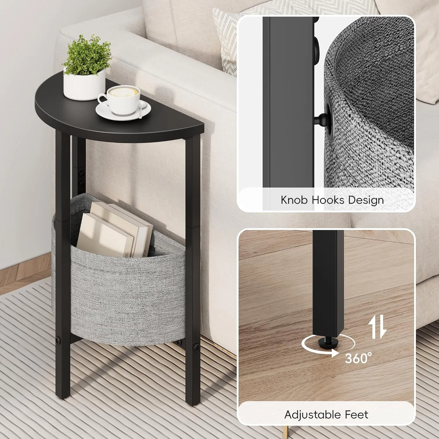 Vagusicc Side Table, Small Round End Table with Fabric Basket, Set of 2 Half Round Side Table Half Moon Tables, Modern Accent Coffee Tables, Sofa Table Nightstand for Living Room Bedroom Small Space