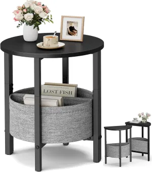 Vagusicc Side Table, Small Round End Table with Fabric Basket, Set of 2 Half Round Side Table Half Moon Tables, Modern Accent Coffee Tables, Sofa Table Nightstand for Living Room Bedroom Small Space