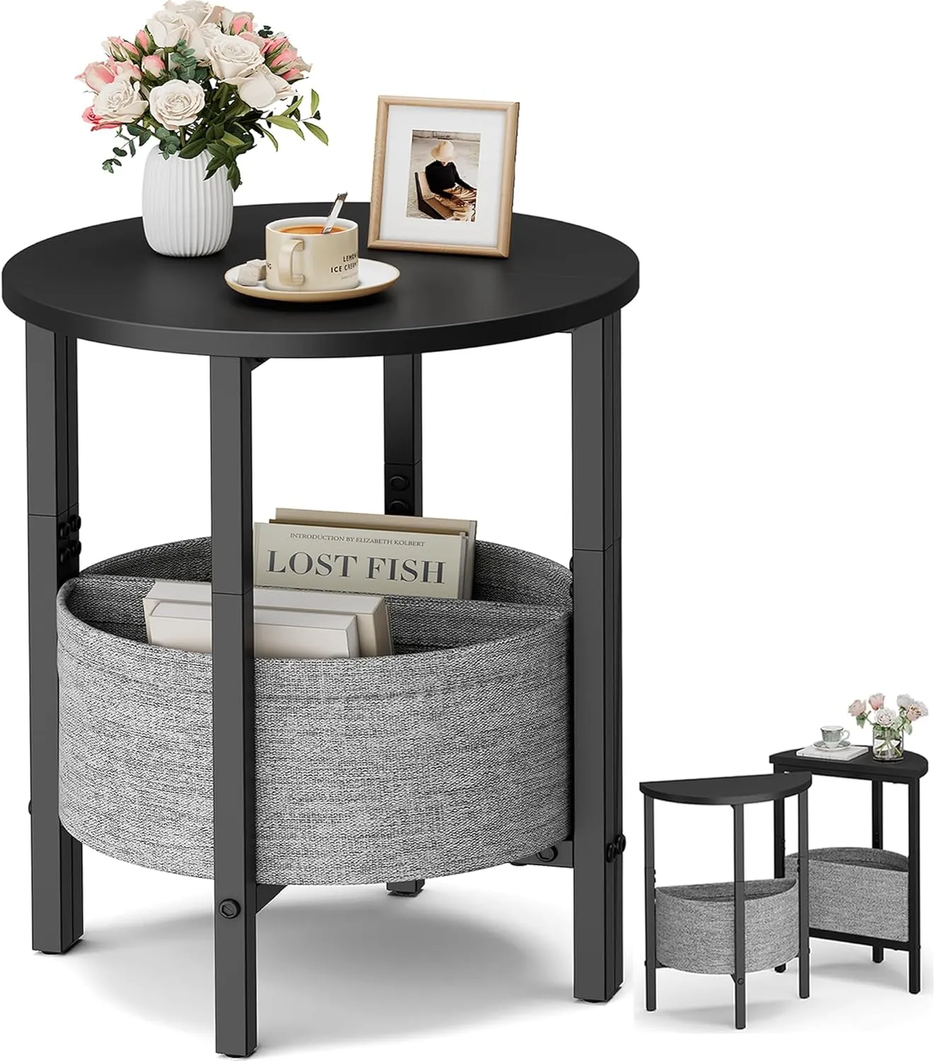 Vagusicc Side Table, Small Round End Table with Fabric Basket, Set of 2 Half Round Side Table Half Moon Tables, Modern Accent Coffee Tables, Sofa Table Nightstand for Living Room Bedroom Small Space