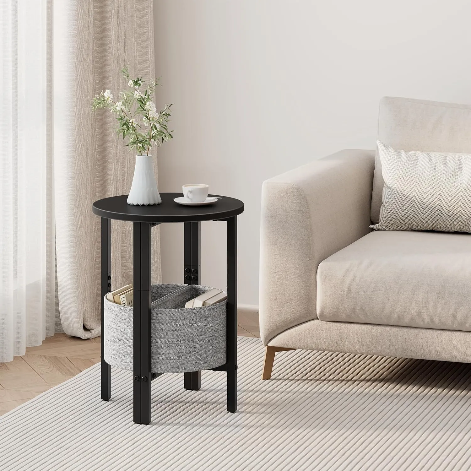 Vagusicc Side Table, Small Round End Table with Fabric Basket, Set of 2 Half Round Side Table Half Moon Tables, Modern Accent Coffee Tables, Sofa Table Nightstand for Living Room Bedroom Small Space